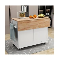 Maison Boucle 52" Rolling Kitchen Island with Drop Leaf, Sliding Barn Door & Adjustable Storage, Mobile Cart with Towel & Spice Rack-Maison Boucle