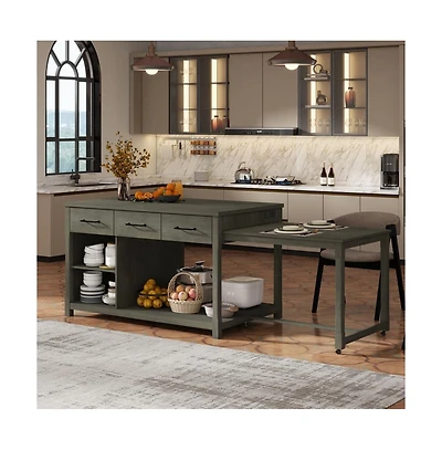60" Extendable Kitchen Island with Power Outlets, Pull-Out Table & Drawers, Rolling Retro Cart Usb Ports-Maison Boucle