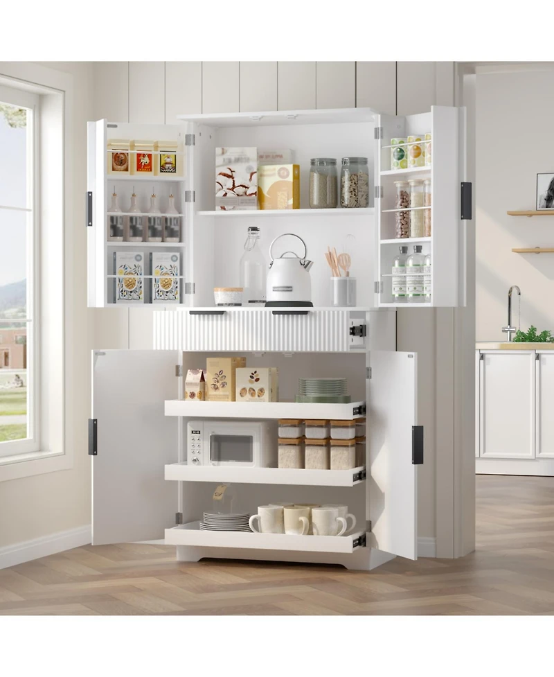 Streamdale Furniture 72" Fluted Pantry Cabinet - Keyboard Drawers & Adjustable Shelves White