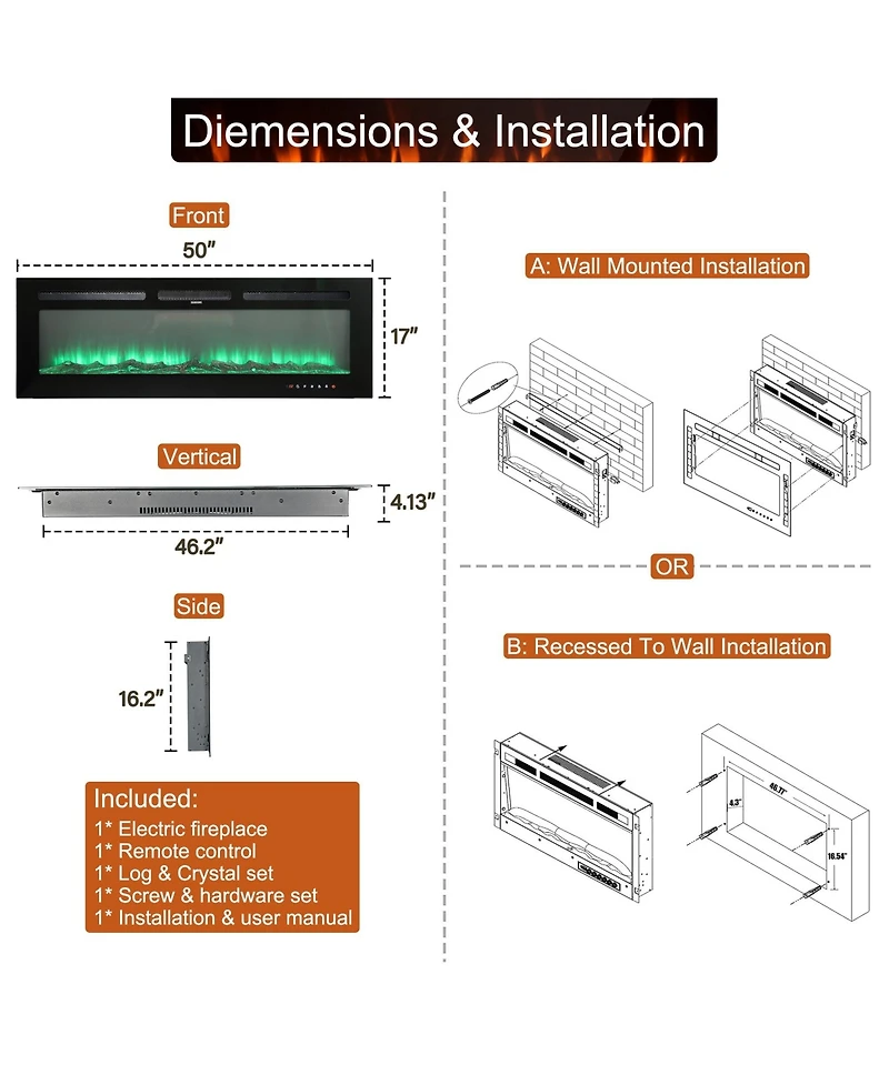 50''Classic Built-in or Wall-Mounted Direct Vent Electric Fireplace