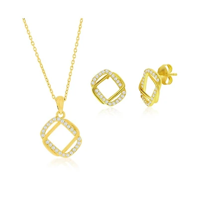 Simona Sterling Silver, Intertwined Rectangle Cz Necklace & Earrings Set