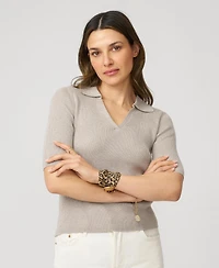 Cable & Gauge Women's Ribbed Polo Half Sleeve Sweater