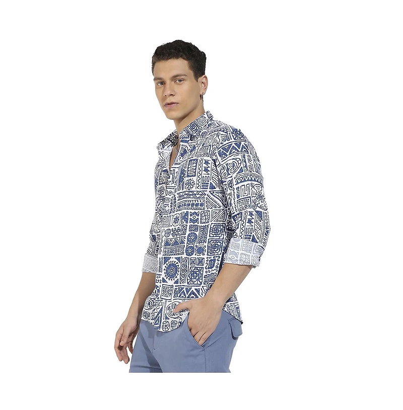 Campus Sutra Men's Indigo Blue Contrast Aztec Shirt