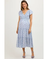 Pinkblush Blue Floral Front Ruched Ruffle Shoulder Tiered Maternity Midi Dress