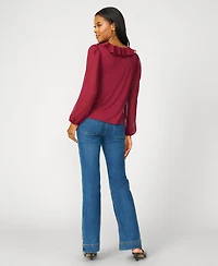 Cable & Gauge Women's Poet Chiffon Ruffle V-Neck Knit Top