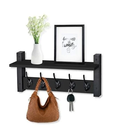 Sorbus 16 Inch Floating Wall Shelf With 5 Heavy Duty Hooks X2013 For Entryway Bathroom Bedroom Kitchen Or Mudroom