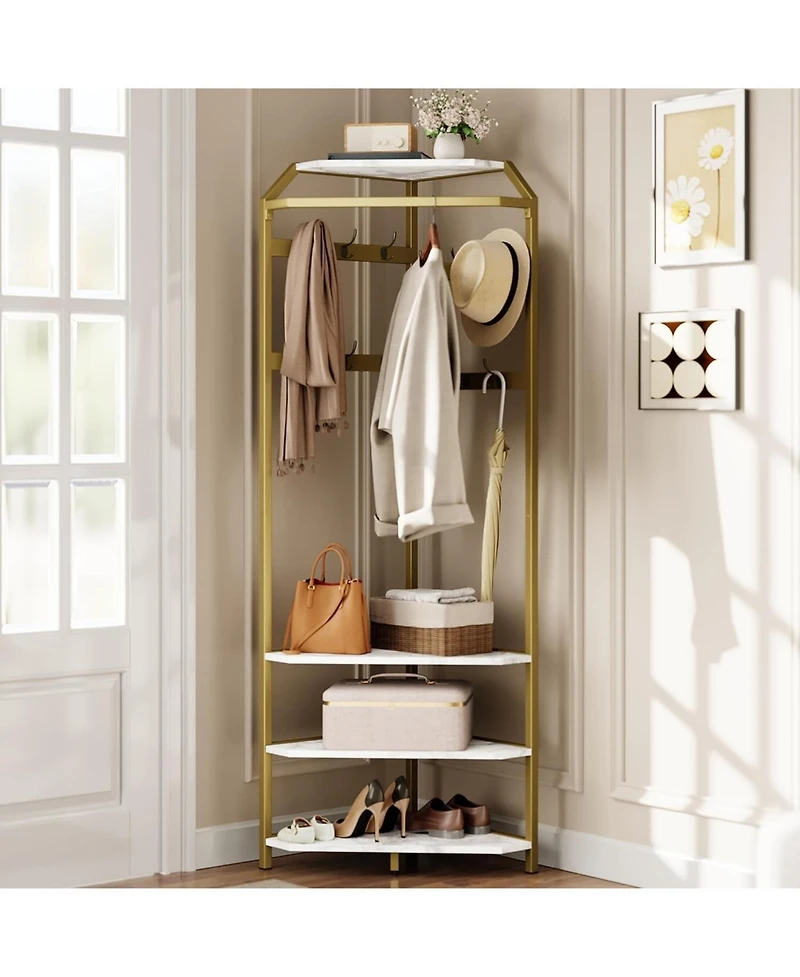 gaomon Corner Coat Rack With Shoe Bench and 6 Double Hooks, Corner Hall Tree