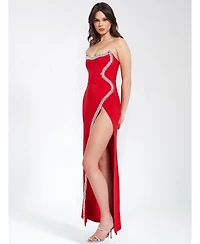Miss Circle Women's Xoana Red Crystal Embellished High Slit Gown