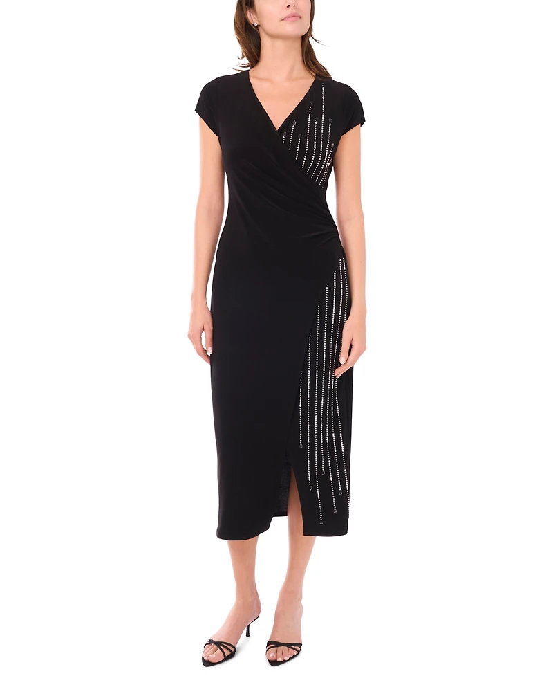 Msk Women's Short Sleeve Surplice and Beaded Front Midi Dress
