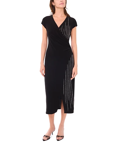 Msk Women's Short Sleeve Surplice and Beaded Front Midi Dress