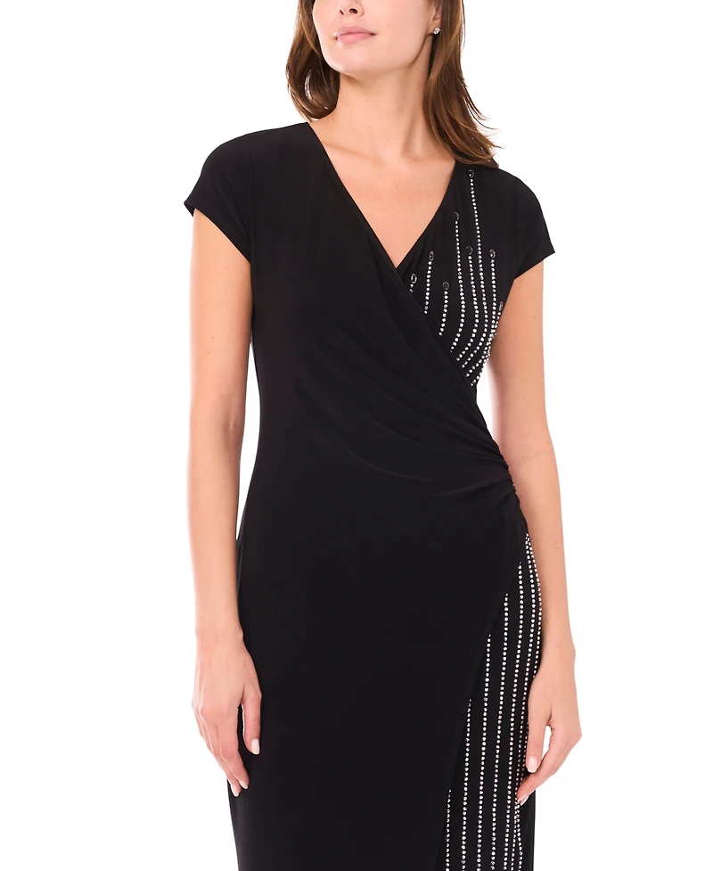 Msk Women's Short Sleeve Surplice and Beaded Front Midi Dress