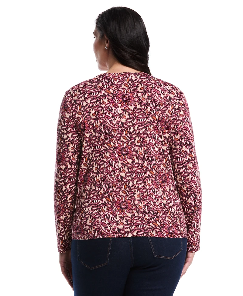 Rafaella Plus Elegant Print Laced Crew Neck Long Sleeve Top