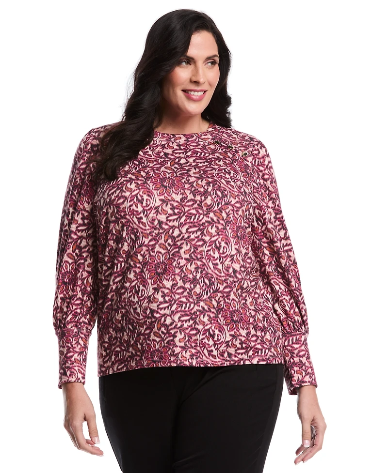 Rafaella Plus Paisley Print Puff Long Sleeve Crew Neck Top