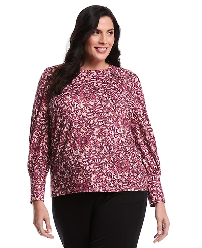 Rafaella Plus Paisley Print Puff Long Sleeve Crew Neck Top