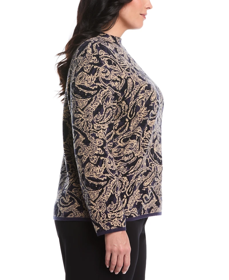 Rafaella Plus Size Paisley Print Mock Neck Long Sleeve Sweater