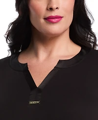 Rafaella Plus Woven Trim Split V-Neck Long Sleeve Top