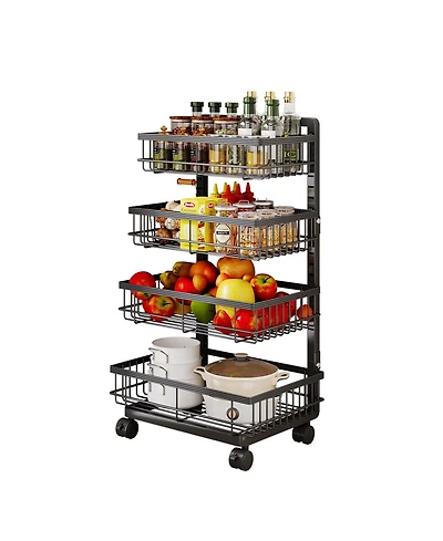 Mega casa 4-Tier Kitchen Snack Cart with Wheels – Versatile Rolling Storage Cart for Kitchen, Pantry, Utility Rooms, Adjustable Metal Wire Fruit & Veg