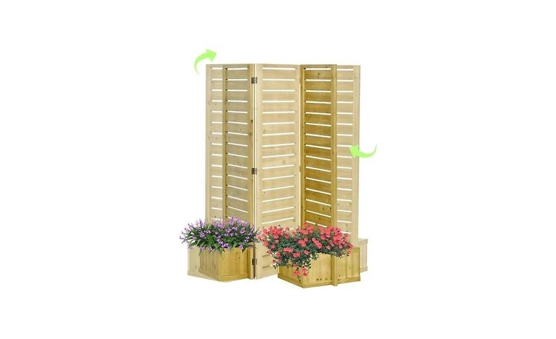 3-Panel Fir Wood Outdoor Privacy Screen with 4 Garden Bed Planters for Patio