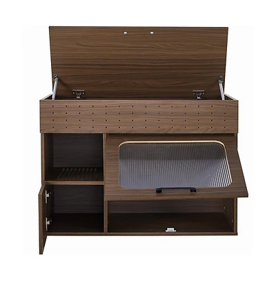 Aostirmotor 35.5 in. Wooden Multi-use Cat litter box house with Storage Made flip-up door in Walnut