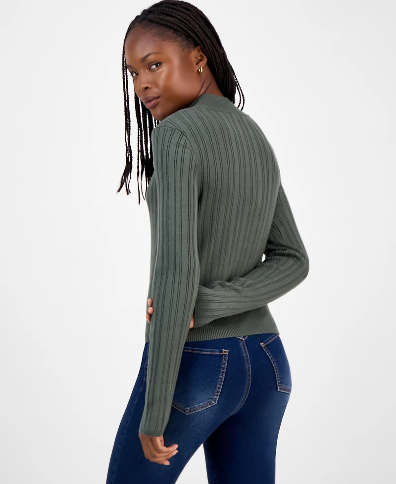 Hooked Up by Iot Juniors' Variegated Rib-Knit Half-Zip Sweater
