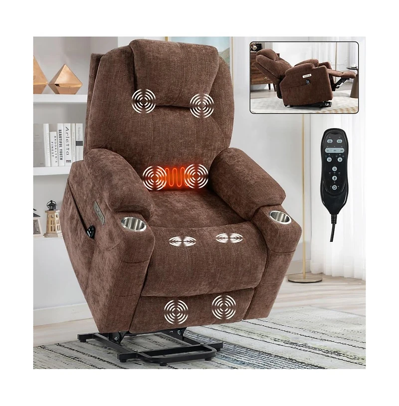 Lift Recliner Chair with Massage, Heat & Usb Charging, Chenille Upholstery, Cup Holders, 350 Lbs Support-Maison Boucle