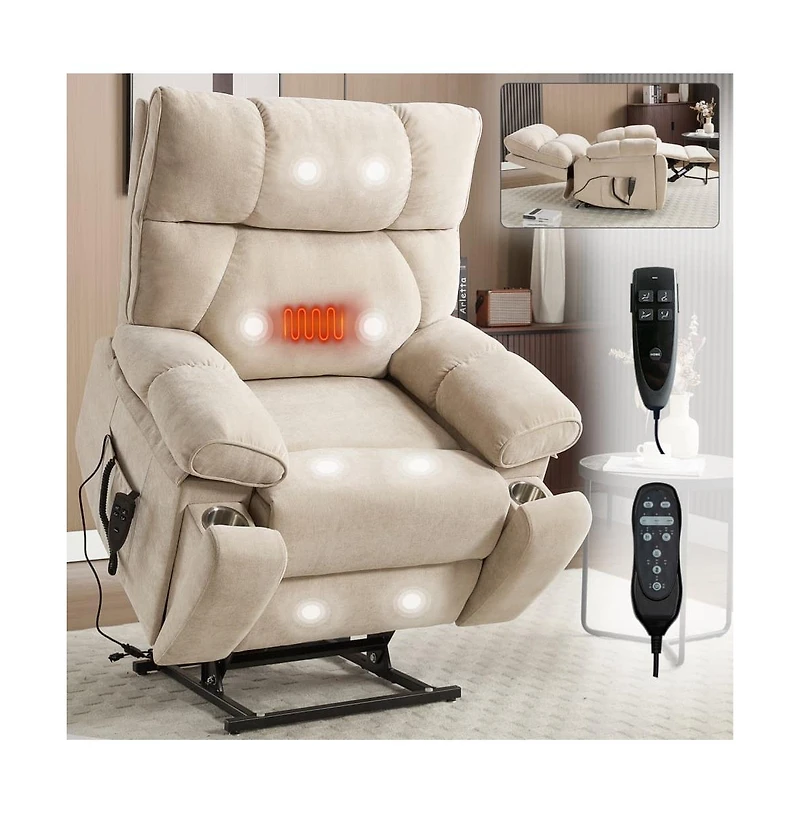 Maison Boucle Oversized Chenille Lift Recliner with Heat & Massage, Cup Holders, Dual Motor Electric Chair for Seniors-Maison