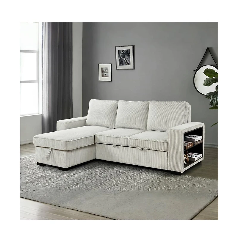 Modern Pull-Out Sofa Bed with Storage Chaise, Usb Charging & Bookshelf Arm, Sleeper Sectional Couch for Small Spaces-Maison Boucle
