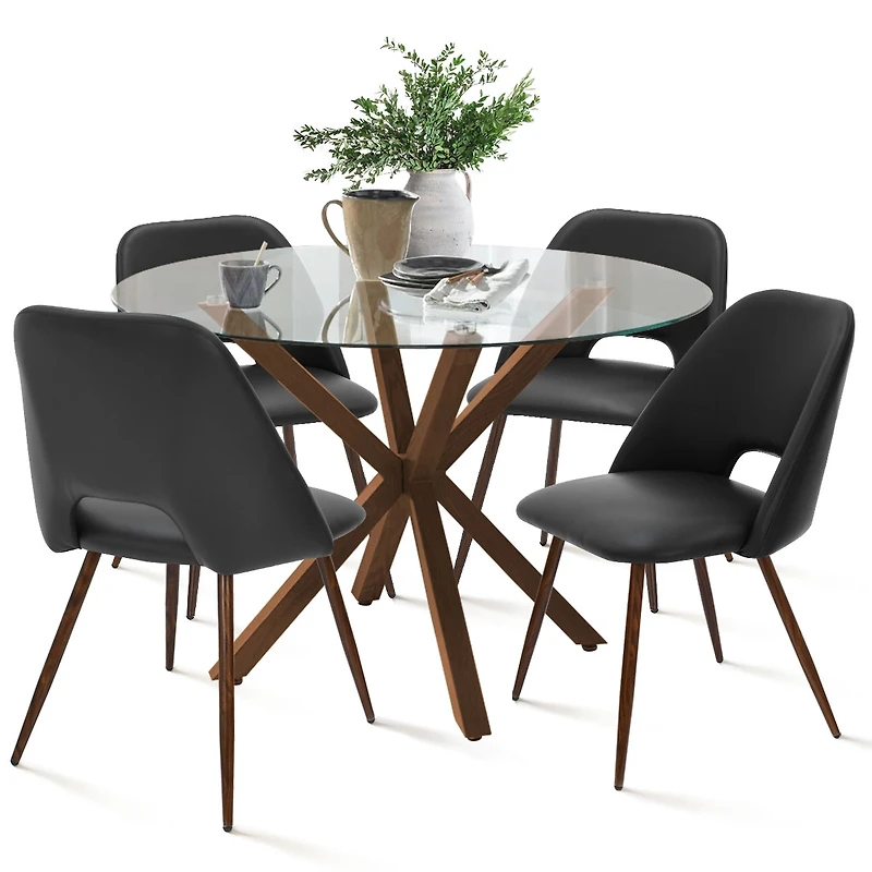 Maison Boucle Elegant 5-Piece Dining Set: 39.4-Inch Round Glass Table with 4 Chic Chairs for Modern Spaces-Maison