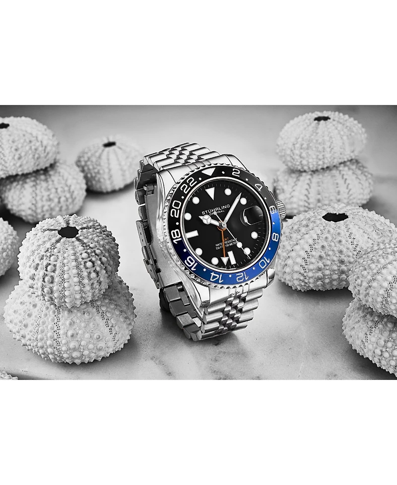 Stuhrling Meridian 3968 Men s Gmt Diver Watch – Quartz Movement, 42mm Stainless Steel Case, Black Dial, Blue/Black Bezel