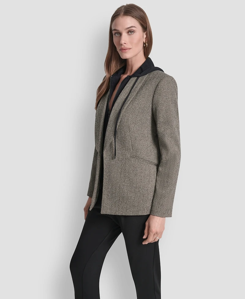 Dkny Petite Herringbone Pattern Fleece Hood Blazer