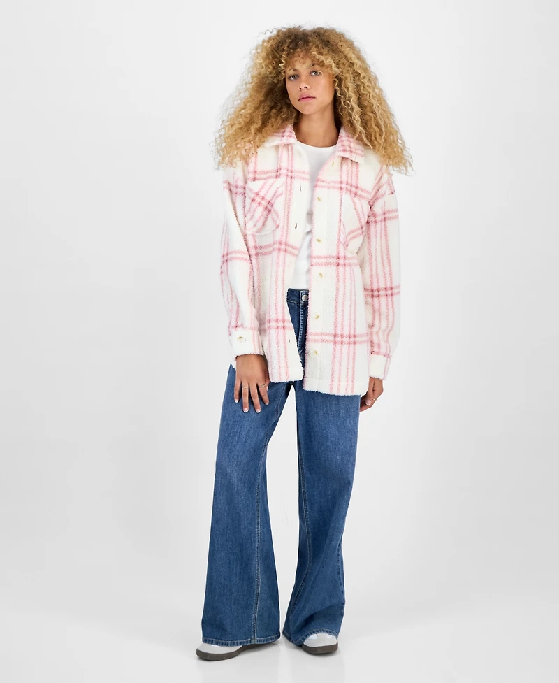 Hippie Rose Juniors' Collared Long-Sleeve Plaid Shacket