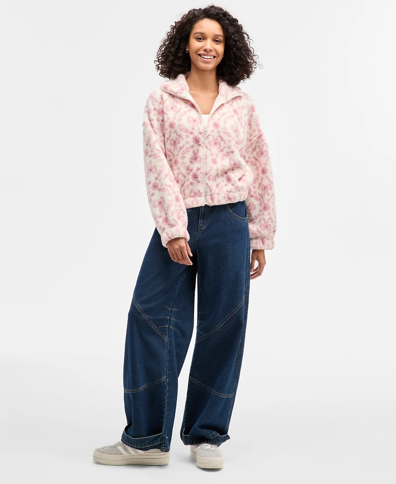 Hippie Rose Juniors' Printed Zip-Up Sherpa Jacket