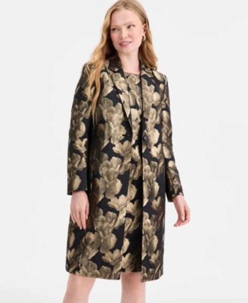 Kasper Womens Metallic Textured Coat Damask Sleeveless Sheath Dress