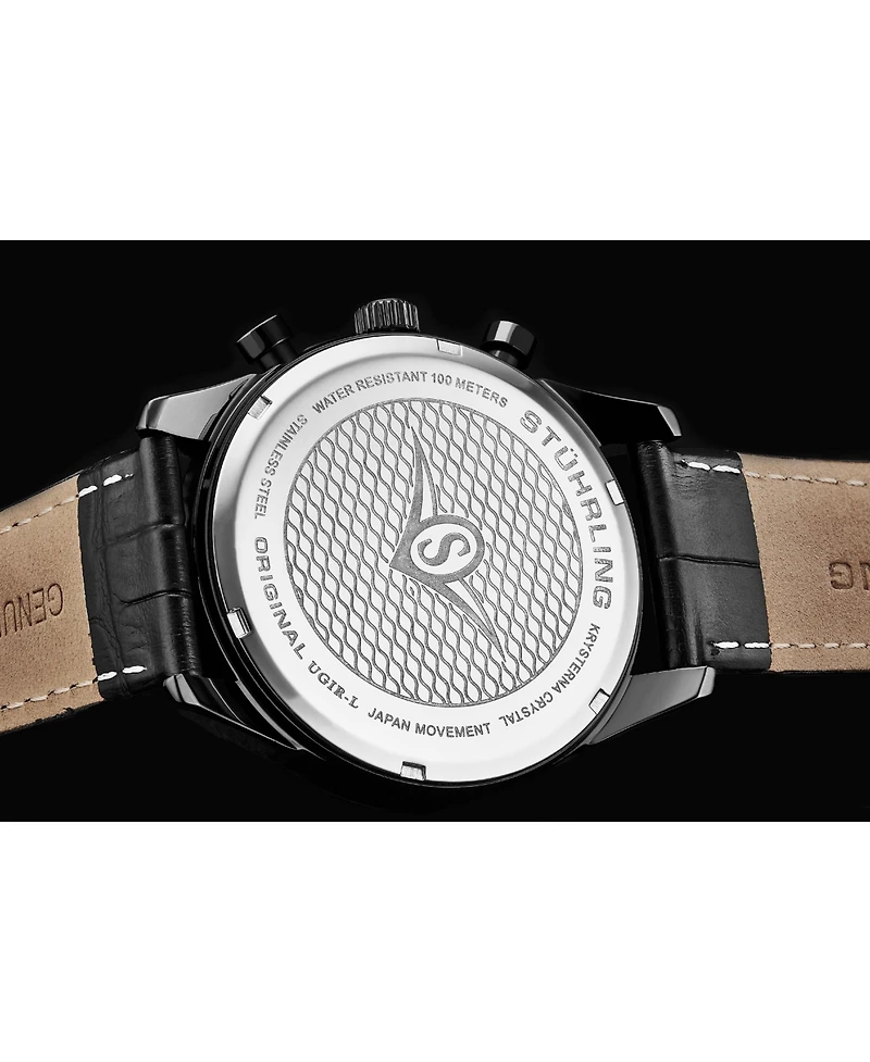 Stuhrling Men's Monaco Black Leather, Black Dial, 44mm Round Watch