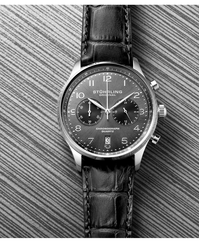Stuhrling GR1-q 4012 Men s Chronograph Watch – Quartz Movement, 42mm Silver Case, Gunmetal Dial, Black Leather Strap