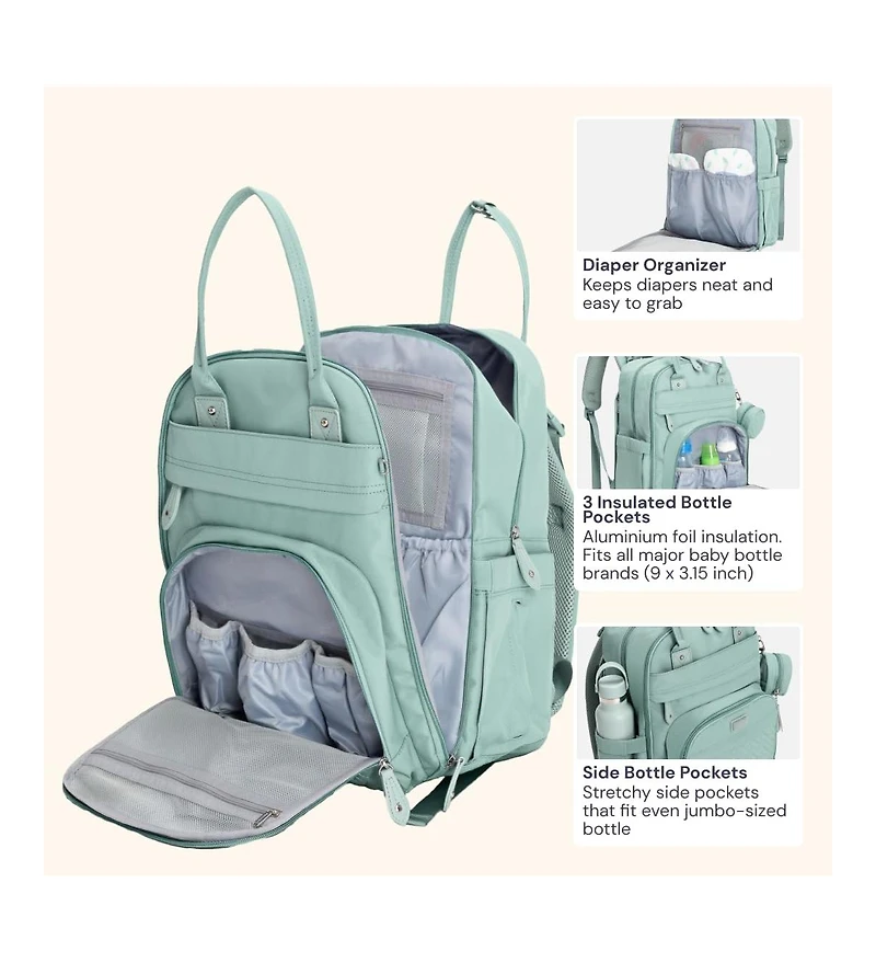 BabbleRoo Kids Diaper Bag Backpack Stylish 26L Hands Free Bag with Changing Pad, Stroller Straps & Water-Resistant, Sage Green, Large