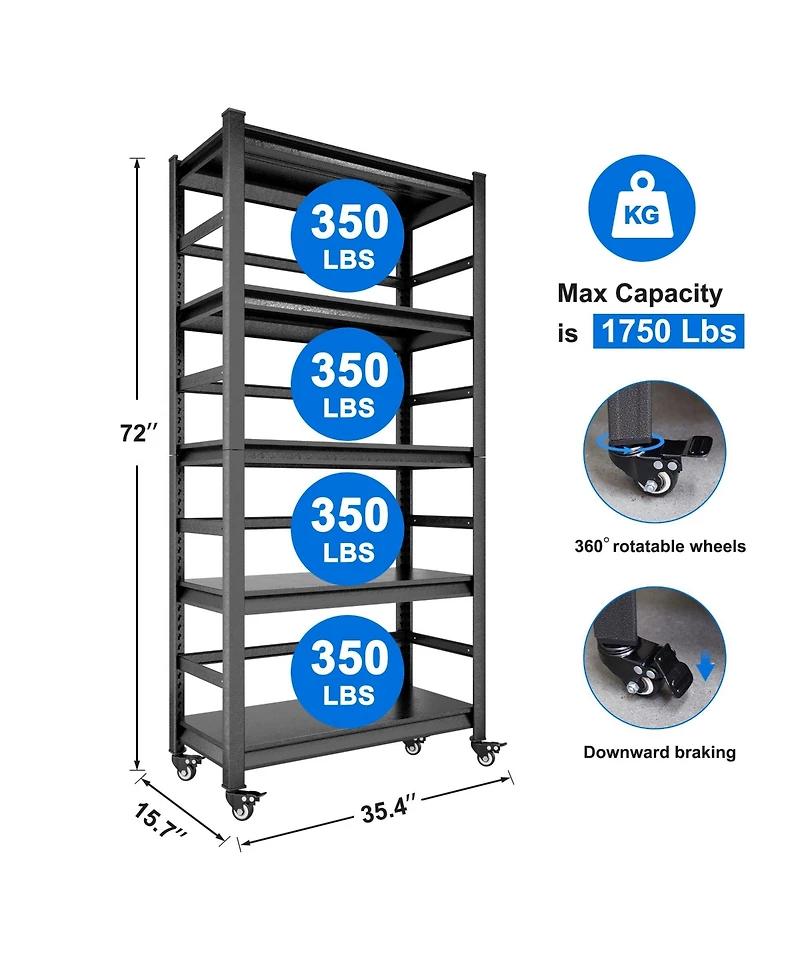 Flynama 72"H Heavy Duty Storage Shelves Adjustable 5-Tier Metal Shelving Unit with Wheels
