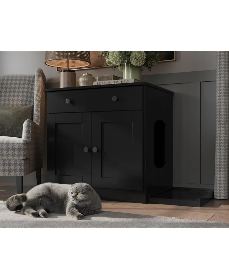 Palace Imports 100% Solid Wood Ziva 2-Door Cat Litter Box Enclosure with Catch