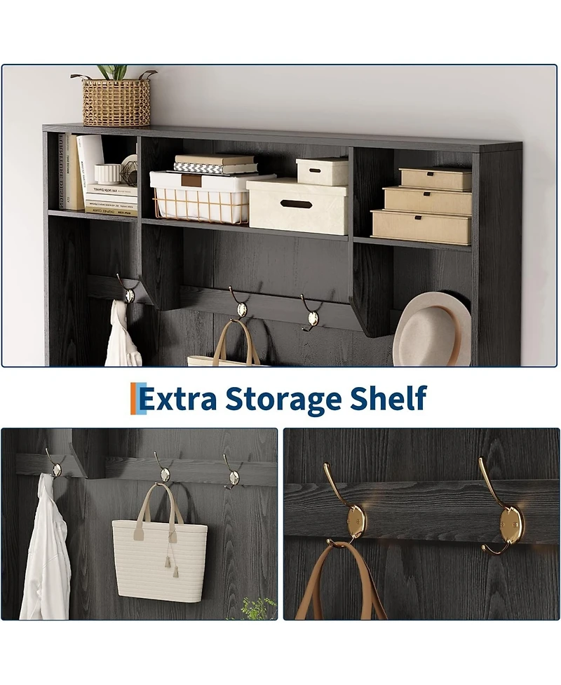 gaomon Hall Tree with Shoe Storage, 78.8" Entryway Bench with Coat Rack, with 4 Shoe Cabinet, 4 Coat Hooks, 3 Top Open Shelves, 5-in-1 Freestandi