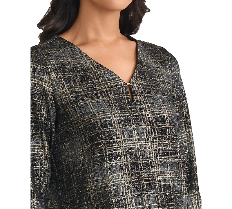 Jones New York Petite Two Tone Keyhole V-Neck Top