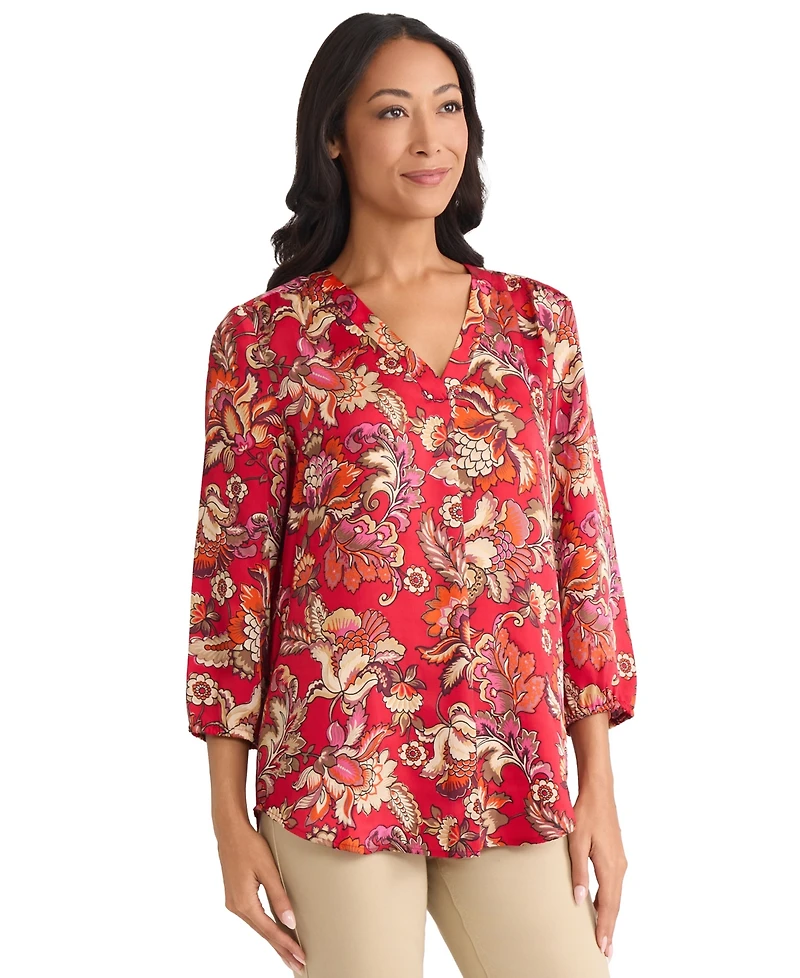 Jones New York Petite Printed Satin Twill V-Neck Top