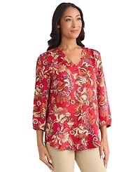 Jones New York Petite Printed Satin Twill V-Neck Top