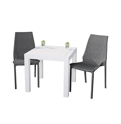 LeisureMod Kent Outdoor White Table With 2 Grey Chairs Dining Set