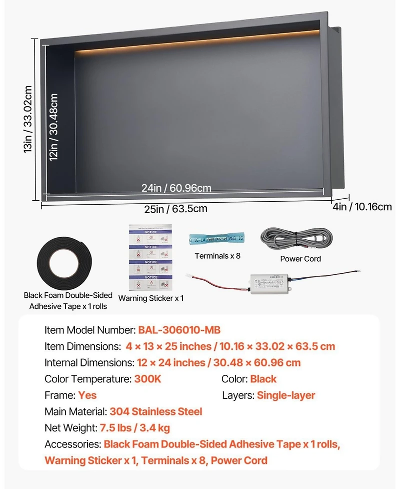 Slickblue Shower Niche Stainless Steel Recessed Shelf with Led Strip