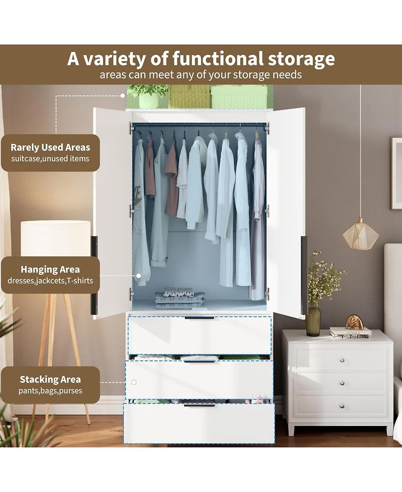 Armoire Wardrobe Closet, 69.5" Wooden Wardrobe Cabinet with 3 Drawers, Hanging Rod, 2 Doors Clothing Storage Cabinet for Bedroom, Large Capacity Stora