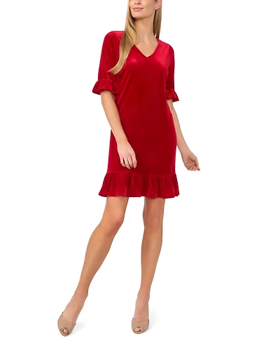 CeCe Women's Velvet 3/4-Sleeve Ruffle Trim Shift Dress