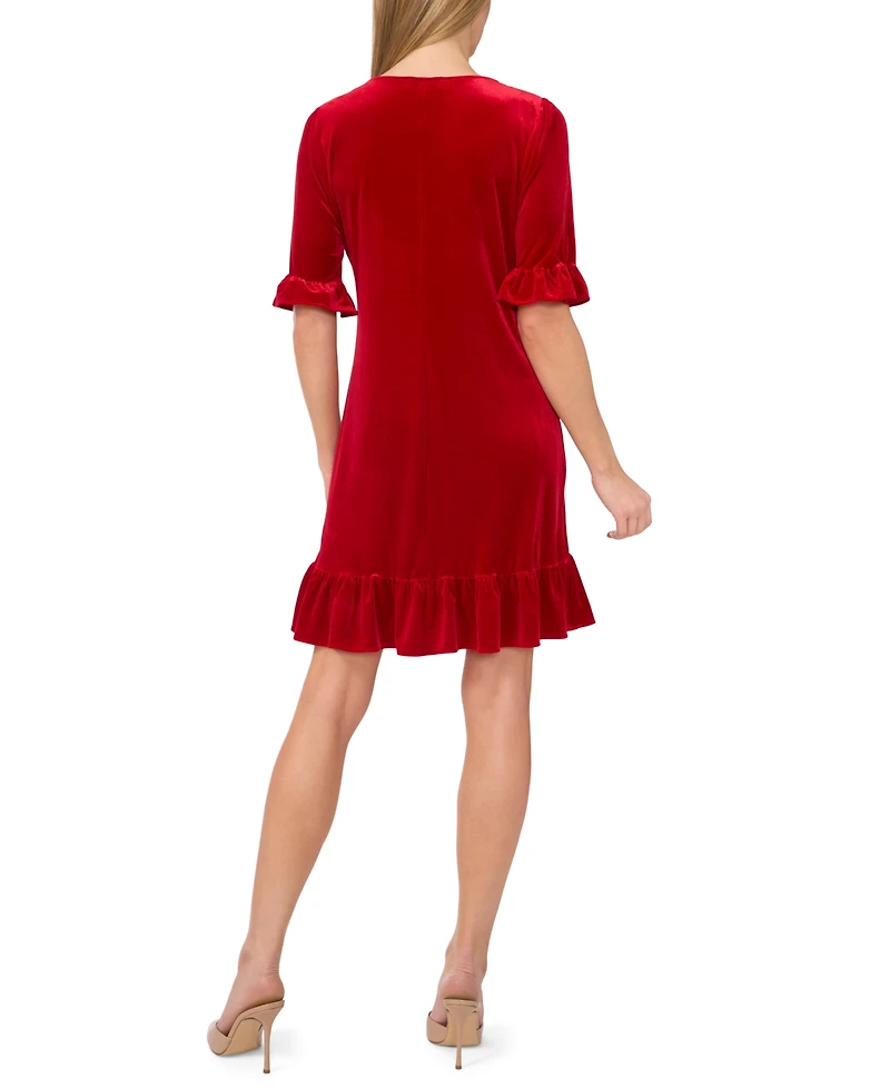 CeCe Women's Velvet 3/4-Sleeve Ruffle Trim Shift Dress