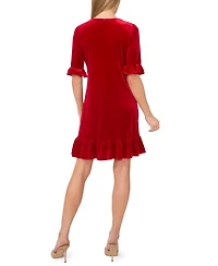 CeCe Women's Velvet 3/4-Sleeve Ruffle Trim Shift Dress