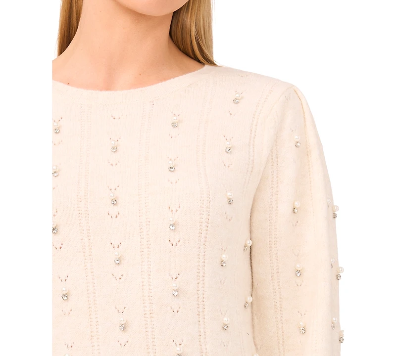 CeCe Women's Allover Embellished Long Sleeve Sweater