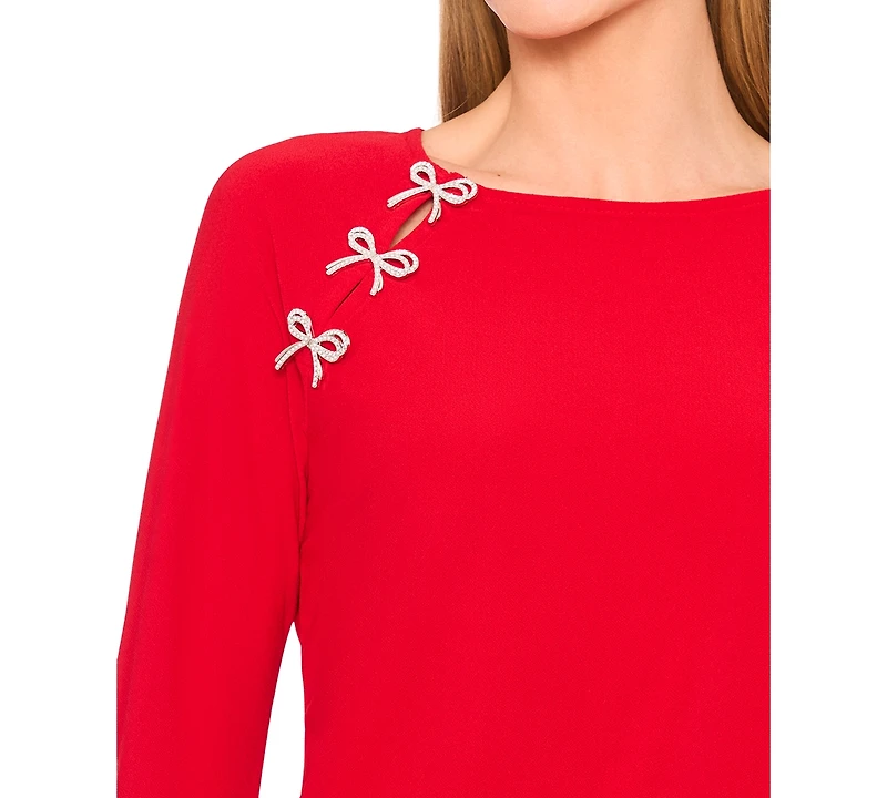 CeCe Women's Imitation Pearl Bow Long-Sleeve Knit Top